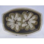 Marianne De Trey studio pottery dish in brown and beige, flower decorated, 38cm diameter