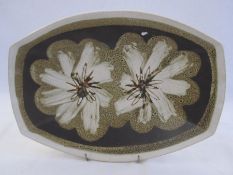 Marianne De Trey studio pottery dish in brown and beige, flower decorated, 38cm diameter