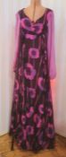 Vintage 1960's/70's, a maxi dress in black and purple with printed poppies, sweetheart neckline,