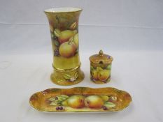 Coalport cylindrical vase decorated by J Mottram of apples, pears and blackberries, 22cm high, a