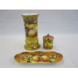 Coalport cylindrical vase decorated by J Mottram of apples, pears and blackberries, 22cm high, a