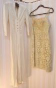 1930's crepe cream dress, full-length with godets, button detail, narrow sleeves, cut on the bias, a