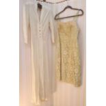 1930's crepe cream dress, full-length with godets, button detail, narrow sleeves, cut on the bias, a