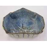 Oriental studio pottery bowl, leaf-shaped moulded, blue glaze with character marks to base, 17cm