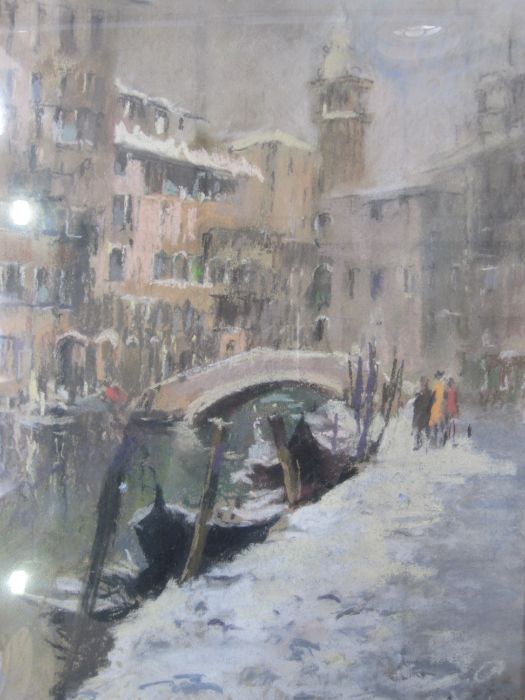 John Ambrose (1931-2010) Pastel drawing Venetian scene with view of canal and St Marks tower in - Image 2 of 2