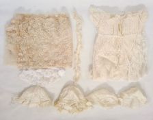 Late Victorian lace christening gown, five lace and cotton bonnets, a small piece of trim and a lace