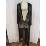 1920's beaded black dress, gold lame bodice with chiffon insert,  beaded train/panel draped from the