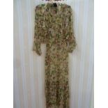 1930's printed chiffon tea dress, sleeveless, bias cut, frilled and flounced skirt, cowl neck,