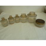 1950's frosted glass vanity set - six jars to include 'Mouthwash', 'Eau de Cologne, 'Cotton' etc. (