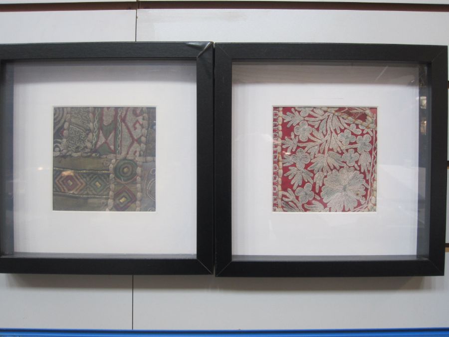 Four framed Indian hand-sewn samples from larger pieces, approx. 12cm x 12cm (4)