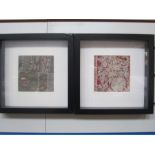 Four framed Indian hand-sewn samples from larger pieces, approx. 12cm x 12cm (4)