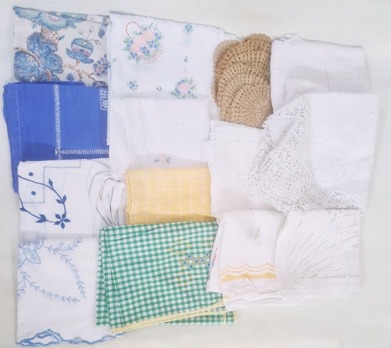 Assorted table linen, drawn thread table cloths, crochet, embroidered, etc (1 box)