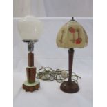 Art Deco table lamp with white shade, on brown and green bakelite stepped base, 44cm high and