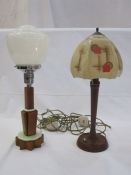Art Deco table lamp with white shade, on brown and green bakelite stepped base, 44cm high and