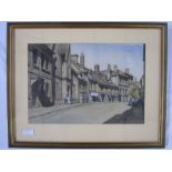 E W Moy (20th century school) Watercolours Two street scenes, possible Winchcombe and a fishing