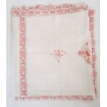 Linen and lace bed cover with pink details, 500cm x 215cm
