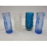 Whitefriars clear glass bark-effect vase, 14cm high, another in turquoise, 15cm high and a pair of