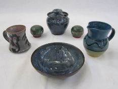Elizabeth Andrea Bailey studio pottery cockerel mug, bowl decorated with geese, a lidded jar