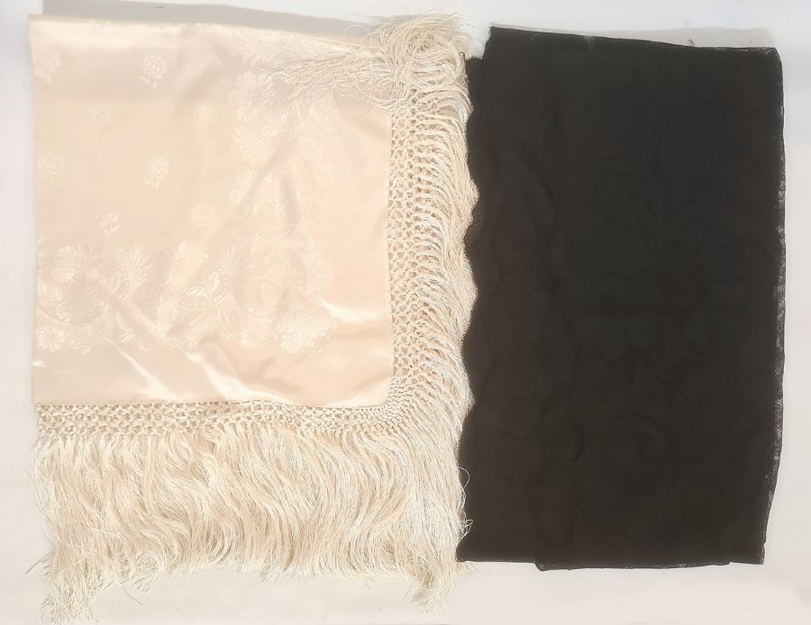 Cream Chinese style satin shawl with deep fringe and a black machine lace shawl (2)Condition