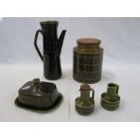 Quantity of Hornsea ware to include two floral vinegar jugs (one no cover) and jar, a studio pottery