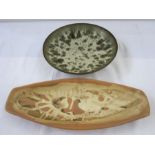 Lamorna lozenge-shaped dish in terracotta, marked to base, 44.5cm wide and Barber Casarden pottery