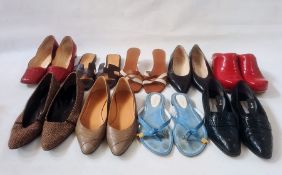Quantity of shoes to include Hermes slides, and a pair of Hermes strappy mules, Bottega Veneta red