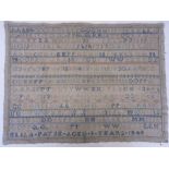 Sampler with alphabet and numbers by Eliza Payne aged 9 years, 1848, many coloured threads used,