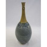 Christopher White (ex Poole pottery) studio pottery vase in yellow and blue, long bottle neck to