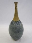 Christopher White (ex Poole pottery) studio pottery vase in yellow and blue, long bottle neck to