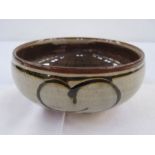 Studio pottery bowl by Margaret Leach, Taena pottery in brown glazes, studio pottery mark crossed