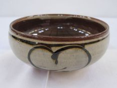 Studio pottery bowl by Margaret Leach, Taena pottery in brown glazes, studio pottery mark crossed