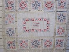 Large embroidered on linen and lace cloth (faded and some staining), centre initialled 'WM', 150cm x
