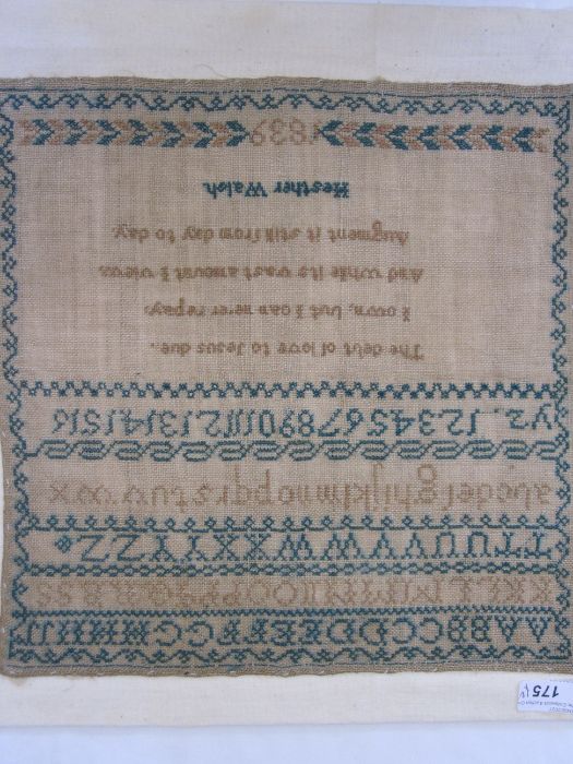 Sampler with alphabet, numbers and prayer by Heather Walsh dated 1839, stitched onto board, 30cm x