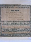 Sampler with alphabet, numbers and prayer by Heather Walsh dated 1839, stitched onto board, 30cm x