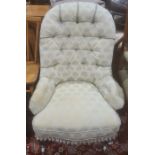 Early Victorian salon chair, pale brown upholstered seat and back, turned front legs to white