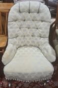 Early Victorian salon chair, pale brown upholstered seat and back, turned front legs to white