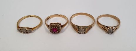 Three-stone ring set small diamonds, two solitaire illusion-set diamond rings and a red stone set