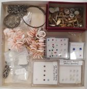 Assorted modern stud earrings, gold coloured cufflinks, binoculars, costume jewellery ( 1 box)