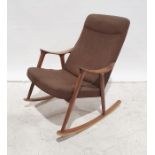 Mid century modern Scandinavian style teak rocking chair brown upholstered seat and back labelled