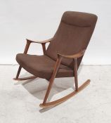 Mid century modern Scandinavian style teak rocking chair brown upholstered seat and back labelled