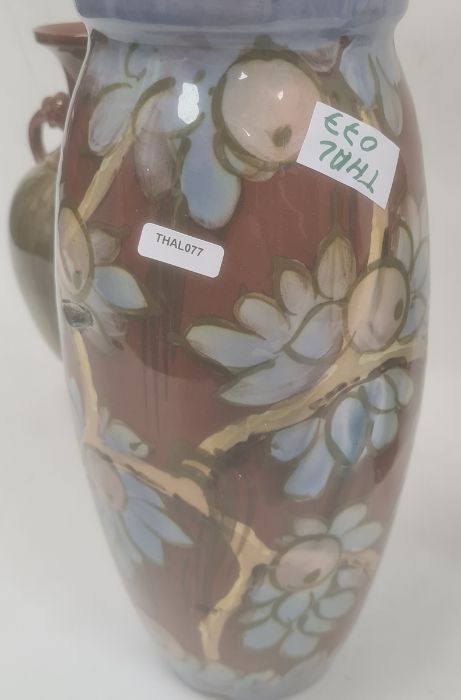Torquay pottery vase decorated with a bird perched on fruiting branches, 32cm high (large chip to - Image 3 of 13