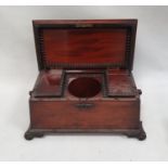 19th century mahogany tea caddy with moulded egg and dart edge, the top opening to reveal