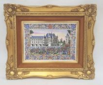 Porcelain plaque depicting Chenonceau Chateau on the Loire, with figures beneath within an elaborate
