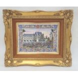Porcelain plaque depicting Chenonceau Chateau on the Loire, with figures beneath within an elaborate