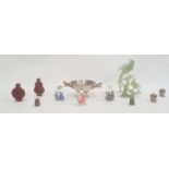 Three ceramic scent bottles, two further scent bottles, a hardstone carving of birds on a branch and