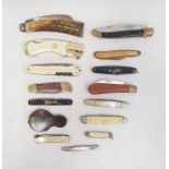 Quantity of penknives including a silver example, corkscrews, tools and other folding utensils
