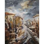 Meluta Sarbu (20th century school) Oil on canvas  Street scene with figures under an umbrella,