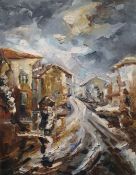 Meluta Sarbu (20th century school) Oil on canvas  Street scene with figures under an umbrella,