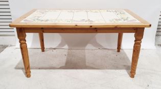 Modern pine framed tiled top breakfast table on turned supports, 159cm x 75.5cm