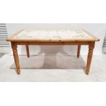 Modern pine framed tiled top breakfast table on turned supports, 159cm x 75.5cm